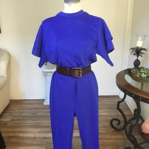 UNBRANDED Halter Neck Jumpsuit Romper Skinny Legs Short Sleeve Beaded Blue M
